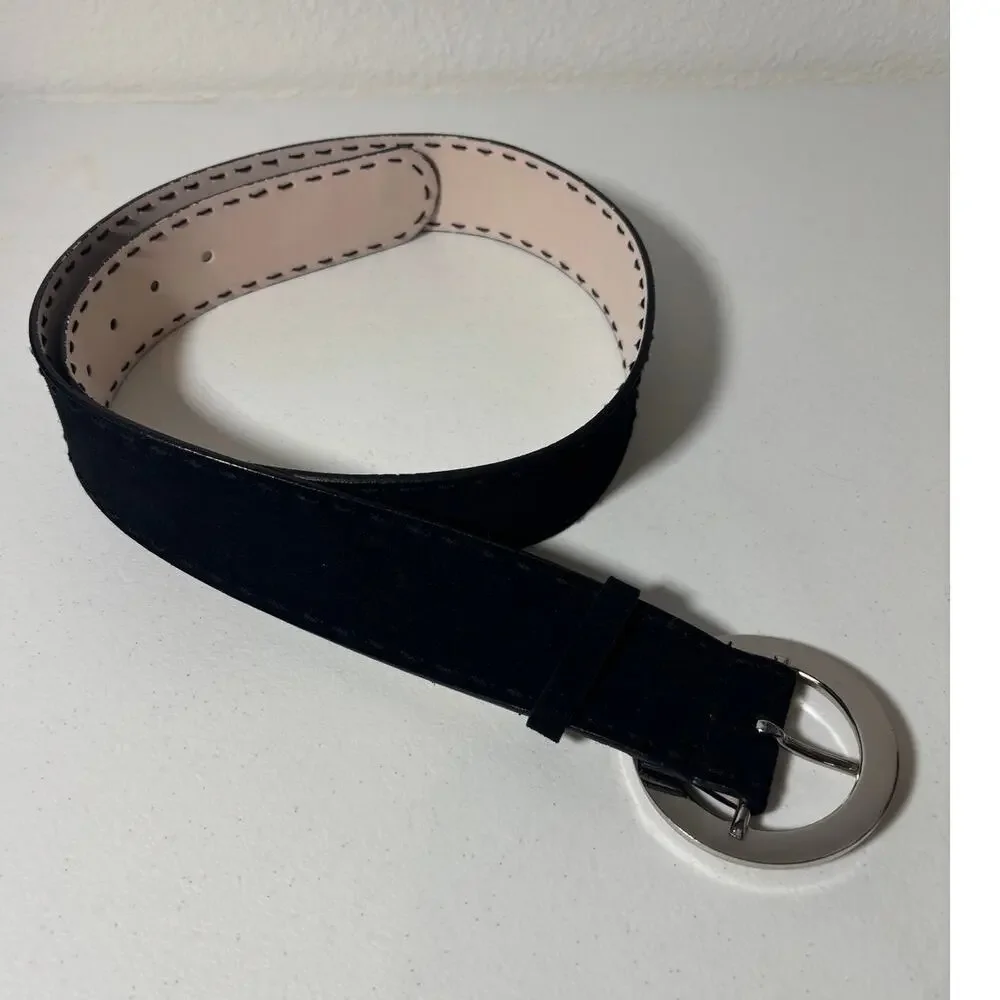 New York & Company Size L Black Genuine Suede Leather Belt w/ Circle Buckle